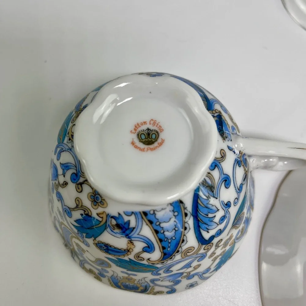 Lefton China Blue Paisley Teacup and Saucer‎ Set Hand Painted Gold Trim 2339